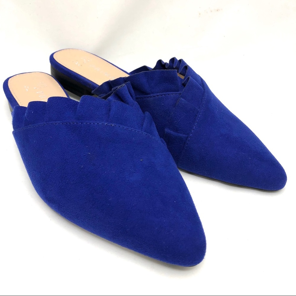 Primark Royal Blue Suede Slip-On Flats with High Vamp and Flirty Ruffle